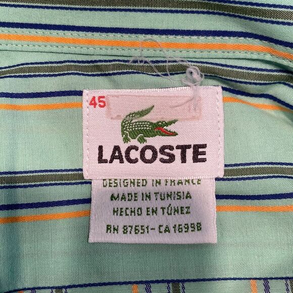 Lacoste 45/XL-2XL Button Down Dress Shirt Stripes Embroidered Logo Chest Pocket - Picture 5 of 6